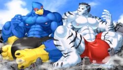 absurd_res anthro avian bird blue_body boxer_briefs bulge city clothing destruction duo falco_lombardi felid fur hi_res macro male male_only mammal mayar muscular muscular_male nintendo pantherine sitting star_fox tiger underwear video_games white_body white_fur wooyeong