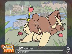 4:3 absurd_res ambiguous_gender anthro anus apple applin ass brown_body brown_fur confusion dizzy duo female feral fur genitals grass hi_res interrogation lagomorph leporid lopunny lowtier_(artist) mammal nature nintendo pawpads paws penetration photo picture_frame plant pokémon_(species) pokémon_snap pokemon pokemon_(species) pokemon_only pussy rabbit rear_view red_body river rock stunned text throwing_object tree unconscious video_games water