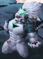 absurd_res anthro balls clothing erection felid genitals half_naked hi_res humanoid humanoid_genitalia humanoid_penis indy_newton2305 league_of_legends lion male mammal muscular muscular_male nipples pantherine pecs penis rengar riot_games solo solo_male tongue tongue_out torn_clothing vein video_games