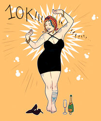 1girls alcohol alexis_(numitor) barefoot black_dress blue_lipstick bracelet champagne champagne_glass cleavage dress feet gorgon high_heels milestone_celebration multicolored_hair numitor painted_nails painted_toenails simple_background snake_hair solo tattoo