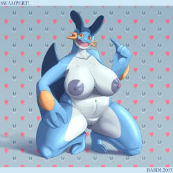 anthro areola basdl2003 big_breasts blue_body breasts female freckles genitals hi_res mammal nintendo nipples nude pokémon_(species) pokemon pussy solo swampert video_games