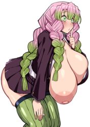 1girls ? bangs big_breasts bimbo blush braided_hair breasts breasts_out cleavage demon_slayer enormous_breasts female female_only finger_to_mouth green_eyes hanging_breasts huge_breasts kanroji_mitsuri kimetsu_no_yaiba komusou_(jinrikisha) large_areolae leaning_forward long_hair long_sleeves massive_breasts miniskirt mole_under_eye no_bra one_breast_out open_shirt pink_hair pleated_skirt shounen_jump solo thick_thighs thighhighs two_tone_hair uniform zettai_ryouiki