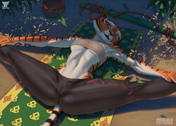 2021 anthro athletic athletic_female biped bottomwear breasts cameltoe chest_wraps clothed clothing detailed_background dreamworks felid female female_abs fit_female fur genital_outline hacatiko kung_fu_panda lying mammal master_tigress midriff navel on_back orange_body orange_fur outdoors pantherine red_eyes solo spread_legs spreading stretching tiger white_body white_fur wraps yoga yoga_pants