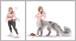 abs athletic auburn_hair big_breasts biped blue_eyes blush bra breasts claws clothing comic digitigrade discarded_clothing ear_expansion embarrassed expansion felid female fluffy freckles fur fur_growth growth hair human human_to_taur humanoid mammal markings muscular nipples nude pale_skin pantherine paws purple_markings quadruped simple_background snow_leopard snow_leopard_taur solo species_transformation spots spotted_body spotted_fur strawberrytfs tail_growth taur torn_bra torn_clothing transformation underwear white_background