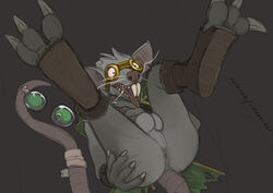 1boy 3_toes 4_fingers anthro anus ass backsack balls bandage bottomless buckteeth chipped_ear claws clothed clothing erection eyewear eyewear_on_head feet finger_claws fingers flask footwear fur genitals goggles goggles_on_head green_cloak grey_background grey_body grey_fur hand_on_butt hand_on_penis hi_res high-angle_view league_of_legends legs_up lizardlars long_tail lying male male_only mammal murid murine notched_ear on_back on_ground open_mouth penis perineum pink_anus pink_ears presenting presenting_hindquarters rat rat_tail red_nose red_penis riot_games rodent shoes simple_background solo solo_male spread_butt spreading teeth toe_claws toes tongue tongue_out torn_clothing torn_shoes twitch_(lol) vein veiny_penis video_games white_claws