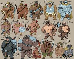 2021 5:4 anthro armor balls beard belly black_body bovid bovine brown_body clothing domestic_pig english_text european_mythology facial_hair flaccid genitals gnoll greek_mythology group hat headgear headwear helmet hi_res horn humanoid_genitalia humanoid_hands humanoid_penis hyaenid male male_only mammal minotaur moobs musclegut mythology nipples overweight overweight_male penis plate_armor pure_command suid suina sus_(pig) text weapon wild_boar