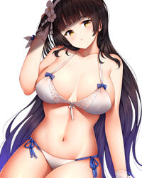 1girls bangs bare_shoulders bikini black_hair blunt_bangs blush breasts collarbone female flower girls'_frontline gloves hair_flower hair_ornament hairband hand_in_hair highres large_breasts long_hair looking_at_viewer navel parted_lips simple_background solo swimsuit type_95_(girls'_frontline) very_long_hair white_background white_bikini white_gloves white_hairband wsman yellow_eyes