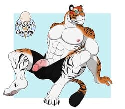 1ceberg abs absurd_res anthro blush claws clothed clothing erection eyewear felid genitals glasses hi_res humanoid_genitalia humanoid_penis leaning leaning_back male mammal muscular muscular_male nipples pantherine partially_clothed pecs penis pubes sitting solo striped_body stripes tiger underwear vein