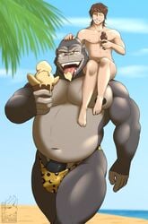 absurd_res anthro ape beach big_pecs big_penis bottomwear clothing dessert duo food genitals gorilla haplorhine hi_res human human_on_anthro ice_cream interspecies larger_anthro licking male male/male male_only mammal musclegut muscular muscular_anthro muscular_male navel nelldemon nipples open_mouth palm_tree pecs penis plant primate sand seaside shirtless sitting_on_shoulder size_difference smaller_human speedo swimwear tight_bottomwear tight_clothing tongue tongue_out tree water