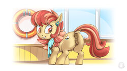 16:9 2021 anus ass aunt_holiday_(mlp) crotchboobs cutie_mark earth_pony equid equine female feral friendship_is_magic genitals hair hasbro hi_res hooves horse looking_back mammal my_little_pony mysticalpha nipples pony pussy quadruped rear_view red_eyes red_hair scarf smile solo standing tan_body teeth widescreen