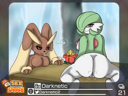 4:3 absurd_res anthro ass biped black_sclera breasts brown_body brown_fur duo female female_gardevoir flower fur gardevoir genitals green_body green_skin half-closed_eyes hi_res lagomorph leporid looking_at_viewer looking_back lopunny mammal narrowed_eyes nature nineka nintendo nippleless no_nipples outside photo picture_frame plant pokémon_(species) pokémon_snap pokemon pokemon_(species) pokemon_dppt pokemon_rse presenting presenting_hindquarters pussy rabbit red_eyes rock text video_games waterfall white_body white_skin