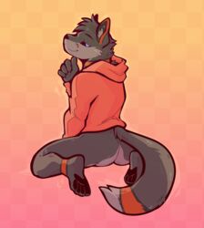 anthro ass bonfire_(bonfirefox) bottomless canid canine clothed clothing fox hi_res hoodie looking_back male mammal paws presenting presenting_hindquarters red_clothing red_hoodie red_topwear simple_background solo tohfu topwear topwear_only