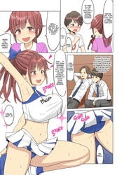 1girls 2boys ankle_socks anklehighs ass blue_socks blush bouncing_breasts brown_eyes brown_hair butt cheerleader choker comic english_text female hair_ornament hair_ribbon hard_translated large_breasts long_hair looking_at_another male manga miniskirt multiple_boys neginegio panties ponytail school school_uniform schoolgirl shaking skirt socks speech_bubble suki_datta_no_ni..._natsu_~osananajimi_no_cheerleader_ga_kokujin_ryuugakusei_ni~ sweat sweatdrop sweating text translated underwear uniform watching white_body white_skin