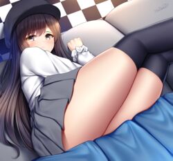 1girls artist_signature black_headwear blue_legwear blush brown_eyes brown_hair checkered checkered_floor closed_mouth couch female female_only grey_skirt hat highres light-skinned_female long_hair long_sleeves looking_at_viewer lying on_side original pleated_skirt shirt sitting skirt solo thighhighs thighs white_shirt wsman