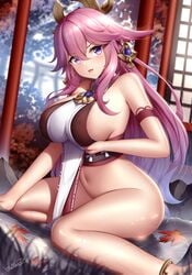 1girls anklet bangs bare_shoulders blush breasts crossed_bangs eyebrows_visible_through_hair female genshin_impact hair_ornament highres japanese_clothes jewelry large_breasts leaf long_hair looking_at_viewer maple_leaf navel parted_lips pink_hair purple_eyes sideboob solo thighs tongue tongue_out water wsman yae_miko