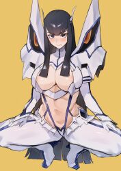 1girls 2020s 2023 2d 2d_(artwork) black_hair breasts cleavage cleavage_cutout curvy eyelashes fanart female female_focus female_only junketsu kataku_musou kill_la_kill kiryuuin_satsuki light-skinned_female lips lipstick long_hair looking_at_viewer squatting thick_thighs thighs vagina vagina_visible_through_clothing very_long_hair yellow_background