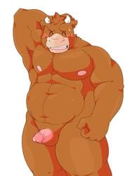 3:4 abs anthro armpit_hair balls blush body_hair bovid bovine cattle colored edit erection genitals goujuyu hi_res male mammal musclegut muscular muscular_anthro muscular_male nude pecs penis simple_background solo solo_male uncensored white_background