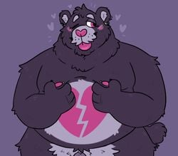 2021 anthro barely_visible_genitalia barely_visible_penis belly blush campfire_donut care_bears genitals heart hi_res humanoid_hands male mammal moobs nipples no_humans one_eye_closed overweight overweight_male penis simple_background solo ursid wink