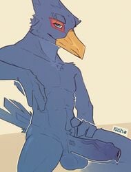 1boy anthro avian balls beak bird blue_body blue_eyes erection falco_lombardi feathers foreskin genitals hi_res humanoid_genitalia humanoid_penis looking_at_viewer male male_only nintendo non-mammal_balls penis ravan simple_background solo star_fox vein veiny_penis video_games yellow_background