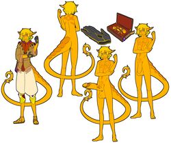 absurd_res aurelion_goldman_(itsmemtfo4) balls big_penis blonde_hair clothed clothing deepfriedlasereyes demon footwear foreskin gay genitals gloves gold_penis gold_skin hair handwear hi_res hooked_tail humanoid long_tail male markings model_sheet penis sandals solo tattoo tiefling yellow_eyes