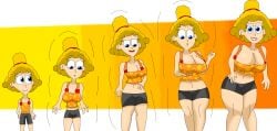 age_progression aged_up ass_expansion big_breasts blue_eyes breast_expansion breasts bubble_guppies cleavage clothing_transformation curly_hair deema_(bubble_guppies) earrings gray_shorts hair_bun hairband lipstick milf nick_jr polka_dot_dress sequence shading thighs yellow_hair