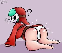 1girls ass ass_focus big_ass black_eyes breasts cute cute_face danielito fat_ass fat_girl female_only green_hair mario_(series) mask nintendo panties shy_gal shy_gal_red underwear