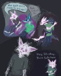 2019 animal_genitalia animal_penis anthro anthro_on_anthro blue_body blue_fur blue_nose canid canine canine_genitalia canine_penis canis clothing comforting comforting_another consent_themes coyote demensa dialogue digital_media_(artwork) domestic_dog duo emil_(demensa) english_text erection fur furniture genitals green_clothing green_shirt green_t-shirt green_topwear hi_res hug hybrid knot male male/male mammal open_mouth open_smile penis pink_nose pixel_(artwork) shirt smile sofa speech_bubble t-shirt text topwear