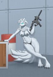 anthro areola big_breasts breasts clothed clothing female glowing glowing_eyes gun gunsaw gunsawian hi_res inside kriss_vector leaning_on_object milky_(gunsaw) panties qr_code ranged_weapon scav_prototype skimpy solo submachine_gun testowepiwko thick_thighs underwear weapon