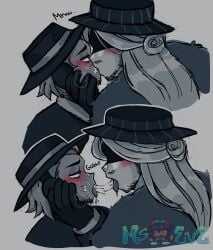 2boys artist_logo artist_name beard chance_(forsaken) evensfw forsaken_(roblox) french_kiss gay hat kissing long_hair mafioso_(forsaken) male male/male male_only monochrome ms_eve roblox roblox_game robloxian saliva_string saliva_trail self_upload simple_background steamy_breath tagme tongue tongue_out visible_breath watermark yaoi