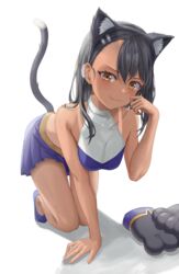 1girls all_fours black_hair blush breasts brown_eyes caplk cat_ears cat_tail catgirl cleavage clothed clothing female_focus female_only hayase_nagatoro hi_res long_hair looking_at_viewer medium_breasts please_don't_bully_me,_nagatoro pose revealing_clothes simple_background skirt smile solo