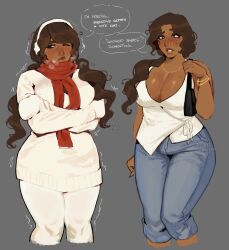 1girls 8000wildstar aishwarya_(8000wildstar) big_breasts blush blushing bracelets breath_cloud brown_eyes brown_hair cleavage cold dark-skinned_female dark_skin english english_text female jeans large_breasts necklace ponytail