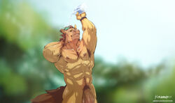 anthro armpit_hair bodily_fluids body_hair cal_(kumammoto) equid equine genitals horn horse hybrid kumammoto_(artist) long_penis mammal muscular penis solo_male sweat text unicorn url