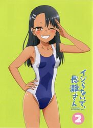 1girls 774_(nanashi) black_hair blush breasts brown_eyes clothed clothing female_focus female_only hayase_nagatoro hi_res japanese_text long_hair looking_at_viewer please_don't_bully_me,_nagatoro pose revealing_clothes simple_background small_breasts smile solo text translation_request wink