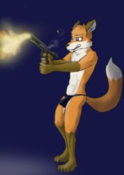 anthro barely_visible_genitalia barely_visible_penis bulge canid canine desert_eagle detailed_bulge firing_weapon fox genital_outline genitals gun handgun hi_res holding_object holding_weapon male mammal penis penis_outline pistol ranged_weapon solo weapon wolfyalex96 wolfyalex96_(artist) young