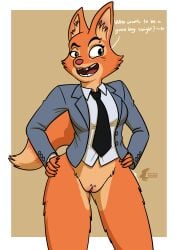 absurd_res anthro blazer bottomless bottomless_female business_suit canid canine caption clothed clothing collared_shirt countershading diane_foxington dreamworks eyebrow_piercing facial_piercing female fish_birb fox genital_piercing genitals hi_res mammal necktie piercing pussy solo suit teasing text the_bad_guys topwear_only vulva vulva_piercing