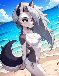 2025 ai_generated beach_background belly bikini deviantart elryusam female_only furry_ears furry_female furry_only furry_tail hands_behind_back helluva_boss legs looking_at_viewer loona_(helluva_boss) sea_background smile_at_viewer smiling_at_viewer teenage_girl tummy vivziepop wet_body wet_face wet_fur wet_hair wet_head white_bikini wolf_ears wolf_girl wolf_only wolf_tail youtube