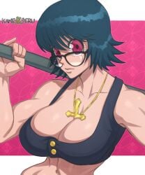 1girls abs artist_name big_breasts black_bra black_hair bra breasts buttons chain_necklace chains cleavage closed_mouth commentary cross english_commentary expressionless female glasses holding holding_weapon hunter_x_hunter inverted_cross kameseru large_breasts looking_at_viewer muscular muscular_female navel necklace necklace_between_breasts phantom_troupe red_eyes shizuku_murasaki short_hair solo underwear weapon