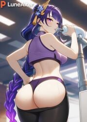 1girls ai_generated alternate_costume ass ass_exposed ass_focus big_ass big_breasts big_butt big_thighs blush breasts cropped drinking female female_focus female_only genshin_impact gym hand_on_hip hoyoverse leggings light-skinned_female low-angle_view lunealter medium_breasts pale-skinned_female pale_skin panties purple_eyes purple_hair raiden raiden_shogun solo sweaty sweaty_ass sweaty_body