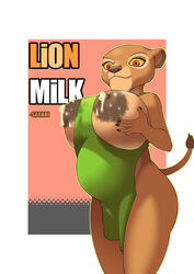 absurd_res anonymous_artist anthro apron apron_only big_breasts bodily_fluids breast_milking breasts clothing disney felid female hi_res huge_breasts lactating lion looking_at_viewer mammal milk mostly_nude nipples pantherine pregnant pregnant_female sarabi smile smiling_at_viewer solo the_lion_king wet wet_clothing