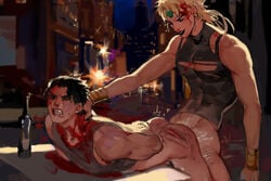 2boys age_difference anal anal_penetration anal_sex arms_behind_back ashva beaten black_hair black_hair_bottom blonde_hair blonde_hair_on_black_hair blonde_hair_top blood blood_stain bottomless bottomless_male clenched_teeth defeated dio_brando doggy_style domination drinking_blood exhibitionism forced forced_anal gay injured injury joestar_birthmark jojo's_bizarre_adventure jotaro_kujo light_hair_on_dark_hair male_focus male_nipples male_on_male male_only muscular muscular_male older_man_and_younger_boy older_penetrating_younger public public_sex rape ripped_clothes ripped_clothing sexual_assault stardust_crusaders vampire yaoi