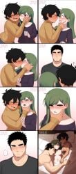 1boy 2girls 2girls1boy 8koma after_sex bed big_breasts bisexual bisexual_female black_hair blush comic cute_fang dark-skinned_female dark_nipples dark_skin drooling drunk female ffm_threesome flat_chest foreplay french_kiss goatee green_eyes green_hair grin hairclip height_difference igarashi_futaba kissing kurobe_natsumi large_breasts lesbian_kiss light-skinned_female light-skinned_male light_skin morning_after naughty_face nervous_sweat nipples panqlao saliva_trail senpai_ga_uzai_kouhai_no_hanashi short_hair sleeping small_breasts smash_cut smile stitched sweatdrop swingers takeda_harumi thick_eyebrows threesome tomboy wedding_ring yellow_eyes
