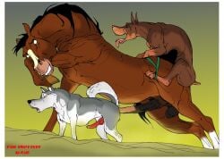 anal anal_sex animal_genitalia animal_penis balls bodily_fluids canid canine canine_genitalia canine_penis canis closed_eyes digital_media_(artwork) dobermann domestic_dog equid equine equine_genitalia equine_penis erection feet feral feral_on_feral feral_penetrated feral_penetrating feral_penetrating_feral from_behind_position fur genitals group group_sex hi_res hooves horse husky klaus_doberman knot larger_penetrated looking_pleasured male male/male male_penetrated male_penetrating male_penetrating_male mammal nordic_sled_dog open_mouth paws penetration penile penile_penetration penis pinscher saliva saliva_string sex shallow_penetration size_difference smaller_penetrated smile spitz tail teeth threesome toes tongue tongue_out train_position trio