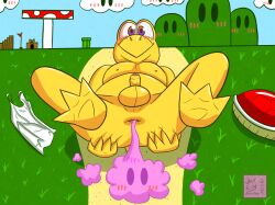 1boy anthro anus balls blush clothing exhibitionism fart fart_cloud fart_fetish feet flag foreskin furry furry_male furry_only genitals grass hi_res jackfex koopa koopa_troopa lying male male_only mario_(series) mature mature_male nintendo nude nude_male on_back penis plant purple_eyes red_shell reptile scalie shell shirt sky solo solo_focus solo_male spread_anus spreading tank_top topwear yellow_body yellow_skin