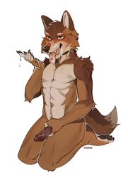 2021 5_fingers anthro bodily_fluids brown_body brown_fur canid canine cum digital_media_(artwork) eihman fingers fur genital_fluids kneeling male mammal nude open_mouth smile teeth tongue