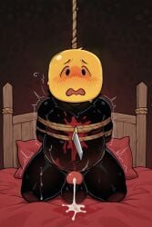 1boy ai ai_generated blood blood_stain blush bondage cumming die_of_death_(roblox) grotesque incoming_hug male male_only mequot mequot_(die_of_death) penis puddle_of_cum puddle_on_bed restrained roblox roblox_game robloxian scared shake_lines shibari_bondage sitting_on_bed tied_up tied_up_male torture