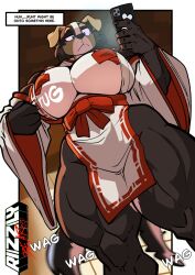 2d_(artwork) anthro_only apsel_bluestar asian_clothing black_body blue_eyes bottom_view canine cellphone curvaceous_female dog_knight_rpg domestic_dog east_asian_clothing electronics floppy_ears grace_(apsel) huge_breasts miko_outfit multicolored_body muscular_anthro muscular_arms muscular_female muscular_legs muscular_thighs saint_bernard semi_nude taller_female thick_thighs white_body wide_hips