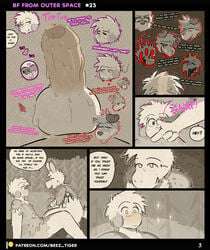 2021 absurd_res anthro balls beez blush comic crouching dialogue english_text erection genitals hi_res humanoid_genitalia humanoid_penis male male/male mammal outside penis sitting species_request stated_homosexuality stated_sexuality text url