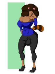 3:4 5_fingers absurd_res afro animal_humanoid anthro asian_mythology ass balls_outline big_breasts big_butt biped bottomwear breasts brown_eyes brown_hair bulge canid canine clothing detailed_bulge digital_drawing_(artwork) digital_media_(artwork) east_asian_mythology eyebrow_through_hair eyebrows fingers flo_fontaine footwear futanari genital_outline gynomorph hair halfro hand_on_hip hi_res huge_breasts humanoid intersex japanese_mythology lips looking_at_viewer mammal mythology pants penis_outline plantigrade raccoon_dog shoes solo tanuki thick_lips topwear translucent translucent_hair wide_hips yōkai