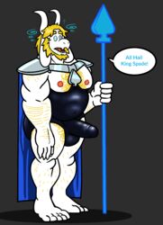 2021 5_fingers 5_toes anothermeekone anthro asgore_dreemurr bara beard blonde_hair body_hair boss_monster bovid bulge caprine claws clothed clothing dialogue digital_drawing_(artwork) digital_media_(artwork) english_text facial_hair feet fingers fur genital_outline glistening hair hairy hi_res horn hypnosis lance long_ears male male_only mammal mind_control nipples open_mouth penis_outline ringed_eyes rubber sharp_teeth simple_background solo speech_bubble teeth text toes undertale undertale_(series) video_games weapon white_body white_fur