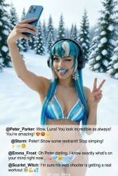 ai ai_art ai_generated blue_hair blue_lips blue_lipstick cleavage cute cute_face emma_frost flirty funny headphones horny_male humor implied_masturbation innuendo instagram korean korean_female legs luna_snow luna_snow_(cool_summer) luna_snow_(marvel_rivals) marvel midriff obsessed_fan obsessed_male outside parody peace_sign peter_parker rattoilet scarlet_witch selfie selfie_pose silly simping snow snowflake snowflake_earrings snowflake_pattern social_media social_media_influencer spider-man sticking_out_tongue sticking_tongue_out storm_(x-men) teasing text text_box thirst_trap wink winter